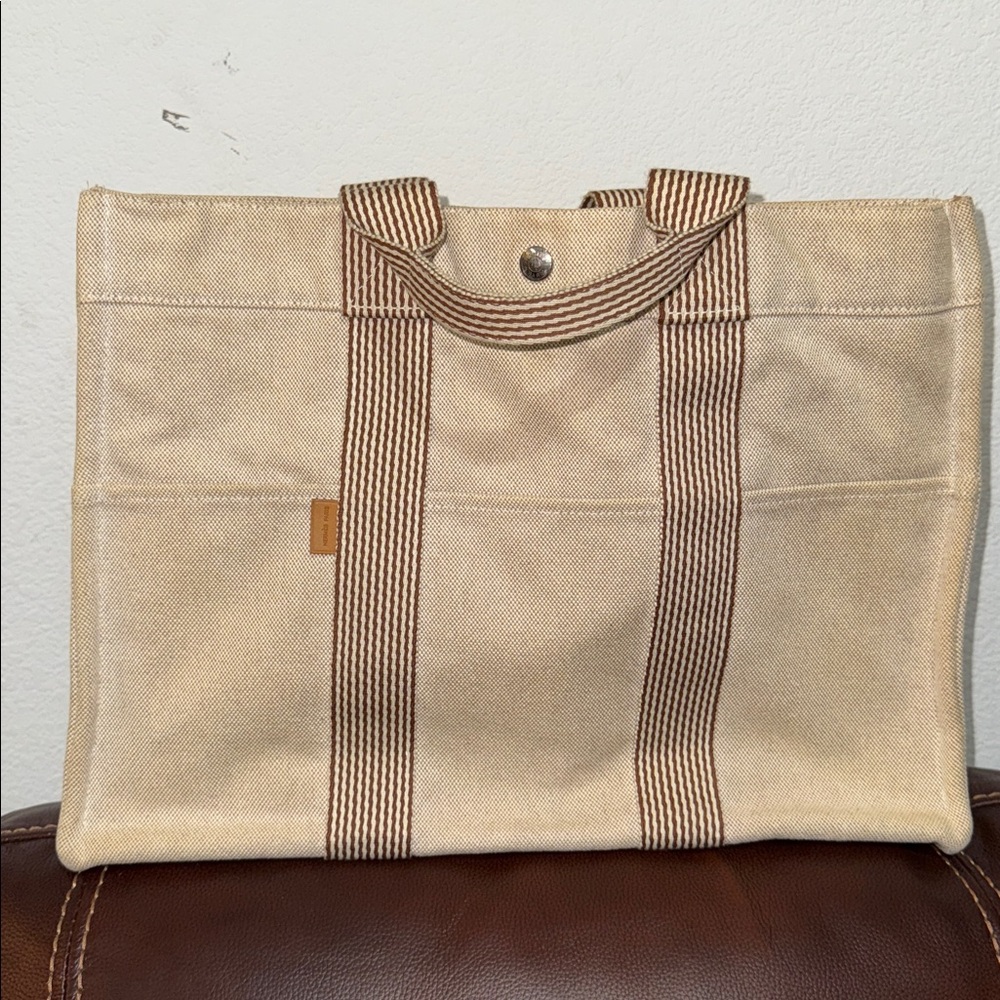 Hermes Canvas Tote Bag with Striped Handles